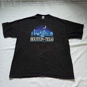 Basicss Black T-Shirt with Blue Houston Texas Skyline Graphic